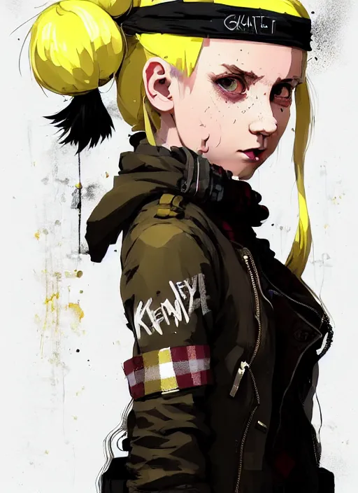 Prompt: highly detailed closeup portrait of a sewer punk pretty swedish female road warrior student, tartan garment, blonde hair pigtails with headband by atey ghailan, by greg rutkowski, by greg tocchini, by james gilleard, by joe fenton, by kaethe butcher, gradient yellow, black, brown and white color scheme, grunge aesthetic!!! white graffiti tag wall background