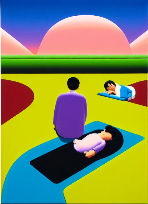 Prompt: a men is sleeping in a park love by shusei nagaoka, kaws, david rudnick, airbrush on canvas, pastell colours, cell shaded, 8 k