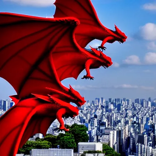 Prompt: tiny cute red dragons flying in the skies of tokyo