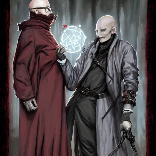 Prompt: bald scientist with grey skin in a long coat undead gey cloaked, sharply dressed, transparent glasses, bald, red sleevesm dark undershirt, belts, high boots, from the second edition of hollow's guide to summoning undead, summoning undead friends, highly detailed, by brom, by larry elmore, artstation