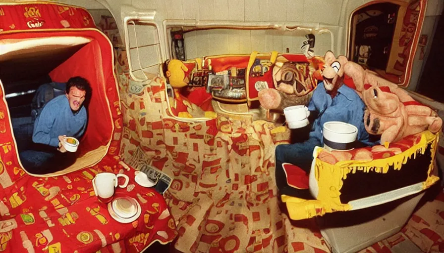 Image similar to 1990s photo of inside the Garfield Mystery Lasagna ride at Universal Studios in Orlando, Florida, riding a box with a blanket with Garfield the cat through a living room filled lasagna and coffee cups, cinematic, UHD