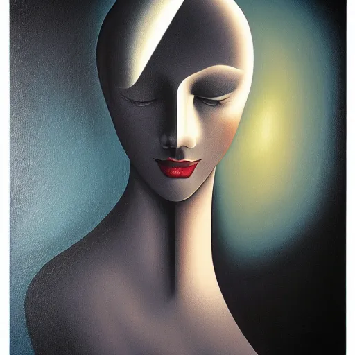 Image similar to a striking painting of a woman, an ultrafine detailed painting by rafal olbinski, behance contest winner, pop surrealism, detailed painting, skeuomorphic, airbrush art