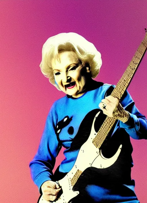 Image similar to Betty White shredding on an electric guitar, painting by Frank Frazetta, 3D rendering by Beeple, crusty