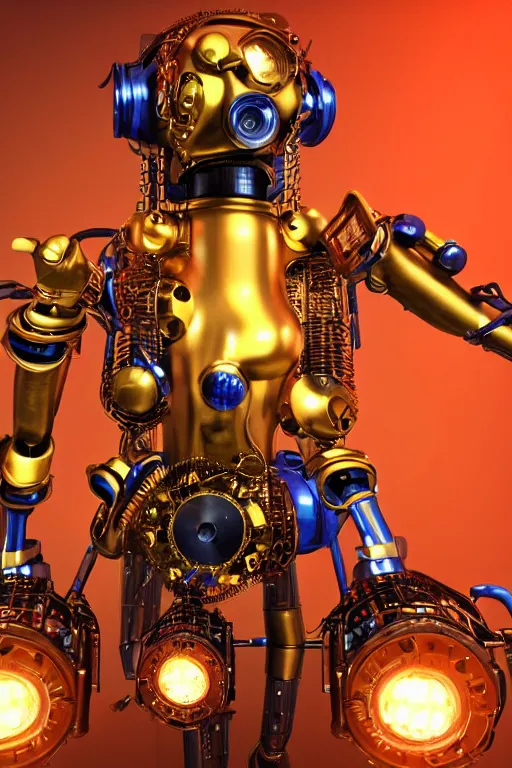 Image similar to portrait photo of a giant huge golden and blue metal humanoid steampunk cyborg female with a human face singing with mouth open and gears and tubes, in the foreground is a big red glowing microphone, eyes are glowing red lightbulbs, shiny crisp finish, 3 d render, 8 k, insaneley detailed, fluorescent colors, background is multicolored lasershow