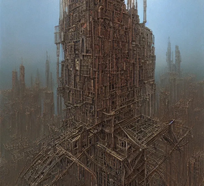 Image similar to gigantic mechanic megastructure tower in center, gothic, warhammer, steampunk, highly detailed, artstation, art by zdislav beksinski and wayne barlowe