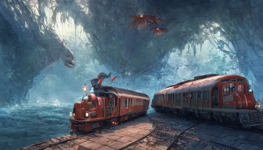 Prompt: craig mullins and ghibli digital illustration of a dragon train in deep ocean unreal engine, hyper realism, realistic shading, cinematic composition, realistic render, octane render, detailed textures, photorealistic, wide shot