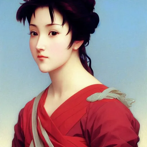 Prompt: A masterpiece head and shoulders portrait of Misato Katsuarig of NGE by William Adolphe Bouguereau and Makoto Shinkai