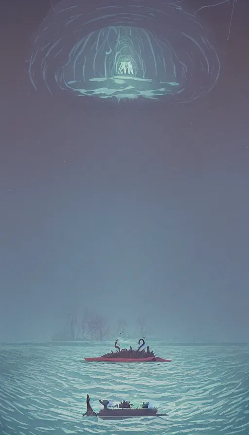 Image similar to man on boat crossing a body of water in hell with creatures in the water, sea of souls, by simon stalenhag