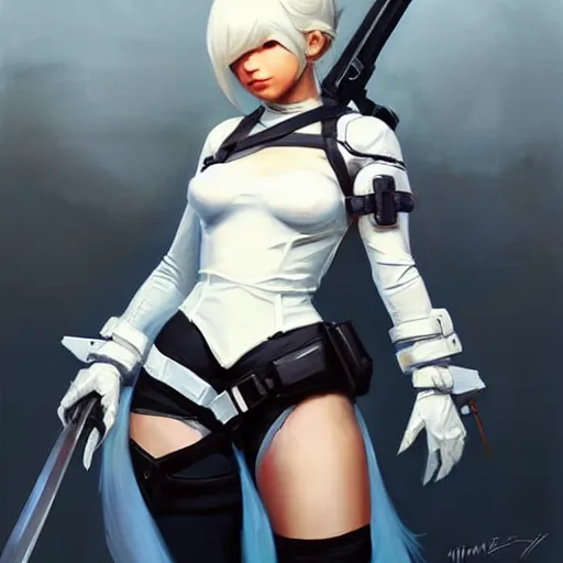 Image similar to greg manchess portrait painting of a 2 yorha type a no. 2 as overwatch character!! holding a sword!!, white long hair, organic painting, sunny day, matte painting, bold shapes, hard edges, street art, trending on artstation, by huang guangjian and gil elvgren and sachin teng