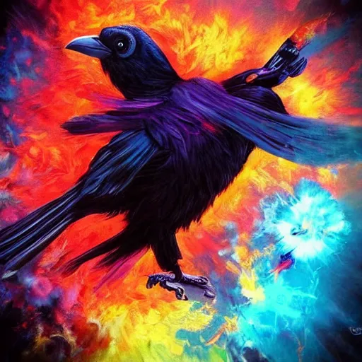 Prompt: a man shooting a pistol, but instead of a bullet the gun shoots a raven. colorful, bright, fantasy, artgerm, dnd, fantasy, rpg