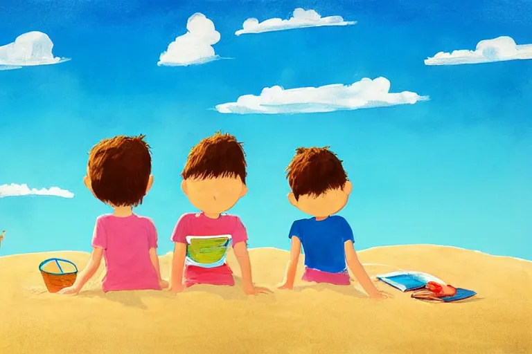 Image similar to Two happy children sitting on the beach making sandcastles, blue sky, HD, comic book frame by Benji Davies