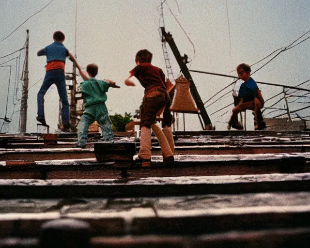 Image similar to lomo photo of roofjumpers climbing on roof of soviet hrushevka, small town, cinestill, bokeh, out of focus