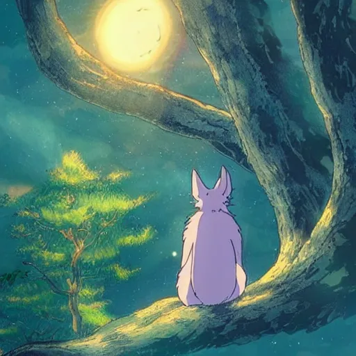 Image similar to spirit creature sitting on the tree in the night made by studio ghibli, detailed, high quality, 8 k, smooth