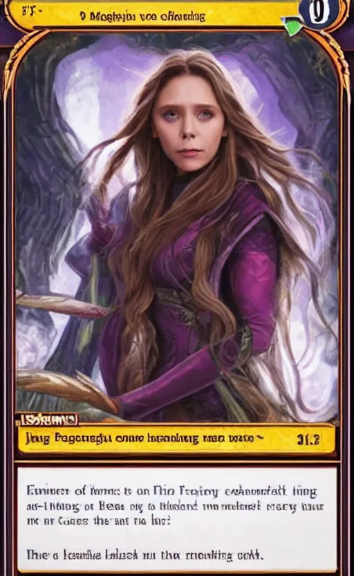 Image similar to mtg card trading, fantasy mtg card of elizabeth olsen, screenshot