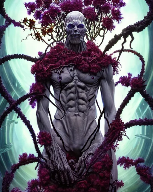 Image similar to the platonic ideal of flowers of cletus kasady ultimate carnage thanos dementor doctor manhattan chtulu nazgul, detailed, intricate, hyperrealism, intense, scary, decay, dmt, art by brock hofer and artgerm and greg rutkowski and alphonse mucha