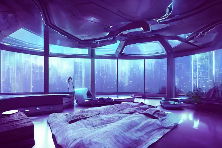 Image similar to a futuristic bedroom with large curved ceiling high windows looking out to a far future cyberpunk cityscape, cyberpunk neon lights, raining, scifi