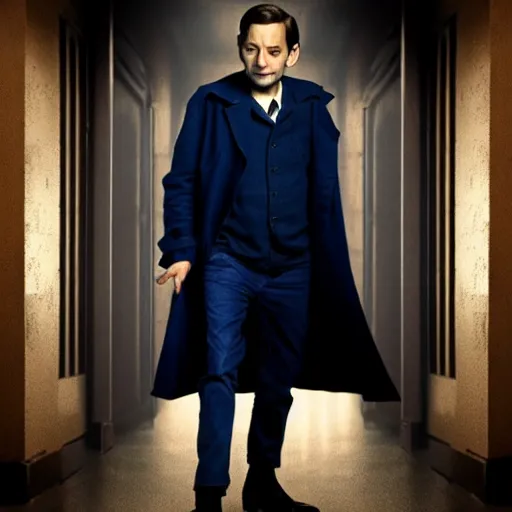 Image similar to tobey maguire as a rough dirty old man with a scruffy beard in a dark blue trenchcoat as the new doctor who, cinematic, volumetric lighting, f 8 aperture, cinematic eastman 5 3 8 4 film, photorealistic