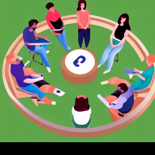 Image similar to a group of adults playing games on their phones while sitting in circle, digital painting, illustration