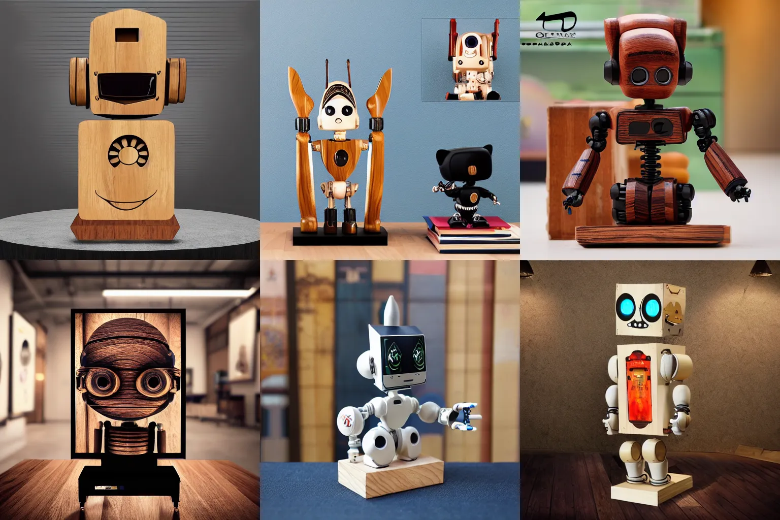 Prompt: ultra realistic 8k octan photo, carving art collection wooden art toys on stand, very cute robot zen with cat ear cyberpunk ,Art Nouveau in a contemporary art gallery