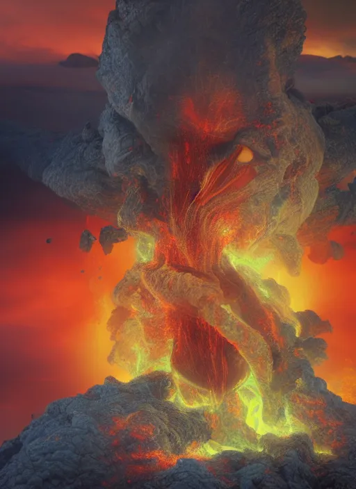 Prompt: still from a feature film avatar, massive goddess pele rising from within a volcanoe spewing lava glowing, in style of wayne barlow, karol bak, nature futurism, mystical colors, rim light, beautiful lighting, 8 k, stunning scene, raytracing, : : anamorphic lens, hyper - real, 8 k