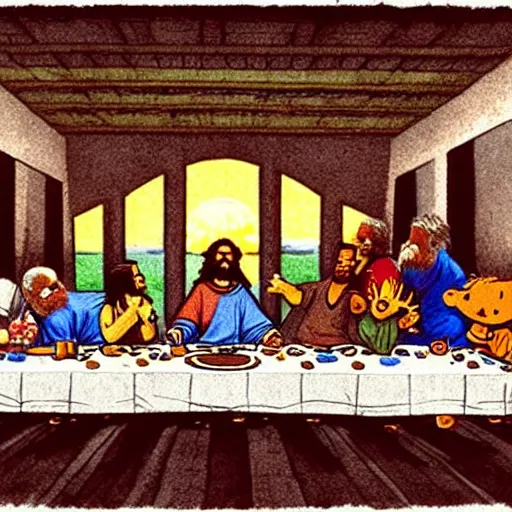 Image similar to the last supper in the style of calvin and hobbes