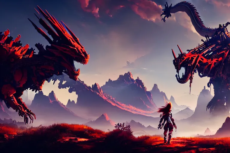 Image similar to dragon machine mecanical creature robot of horizon forbidden west horizon zero dawn bioluminiscence global illumination ray tracing hdr fanart arstation by ian pesty and alena aenami artworks in 4 k