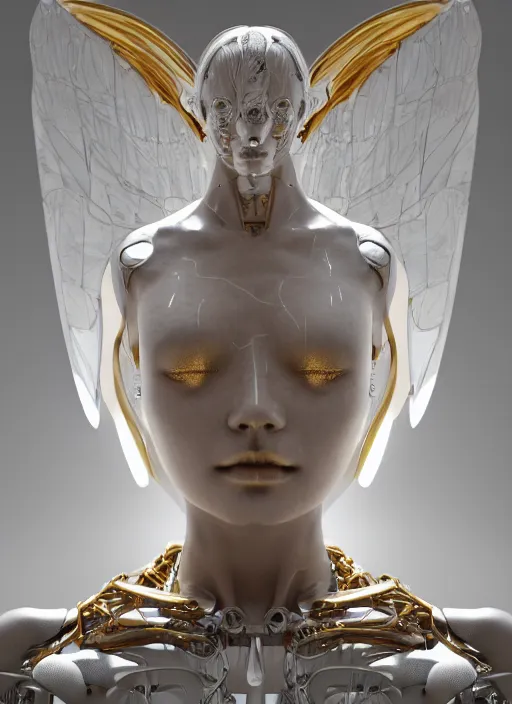 Image similar to a statue made of white marble with gold veins, of an beautiful gorgeous futuristic cybernetic angel girl, prostheses, transhumanism, full body shot, perfect symmetrical body, perfect symmetrical face, hyper realistic, hyper detailed, by johannen voss, by peter kemp, by monia merlo, by michelangelo, octane render, blender, 8 k