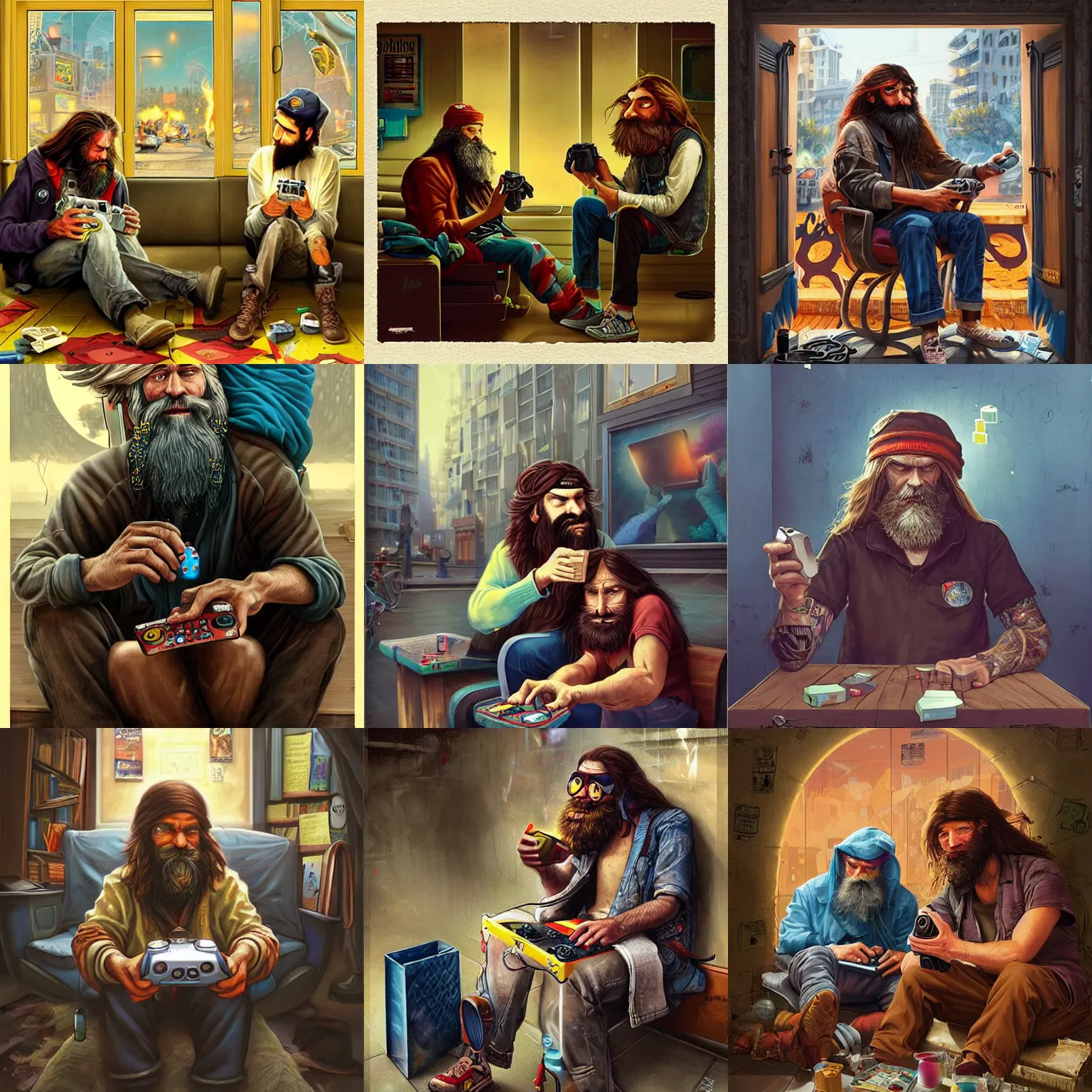 Prompt: homeless man with long beard and long hair playing videogames, pixar style, by tristan eaton stanley artgerm and tom bagshaw.