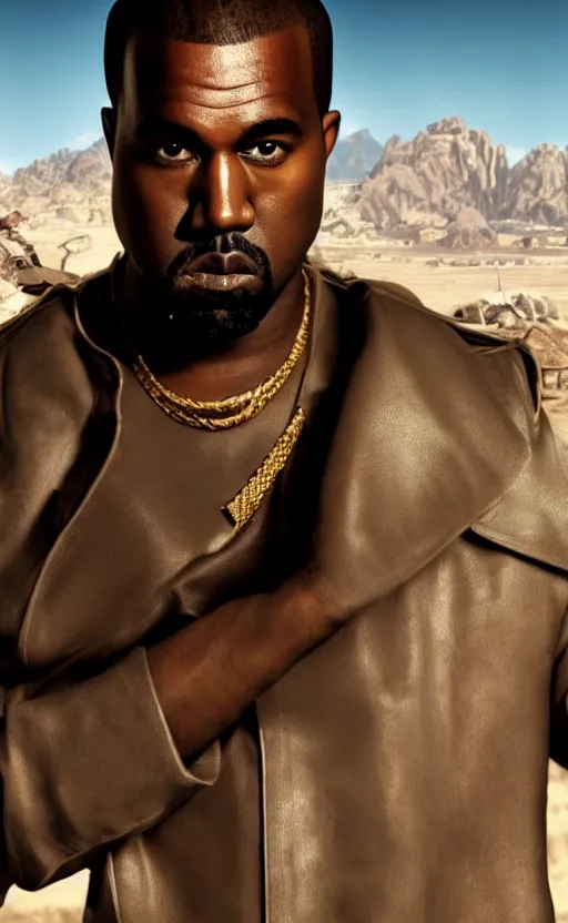 Image similar to Portrait of Kanye West as James Bond in Fallout New Vegas, splash art, movie still, cinematic lighting, dramatic, octane render, long lens, shallow depth of field, bokeh, anamorphic lens flare, 8k, hyper detailed, 35mm film grain