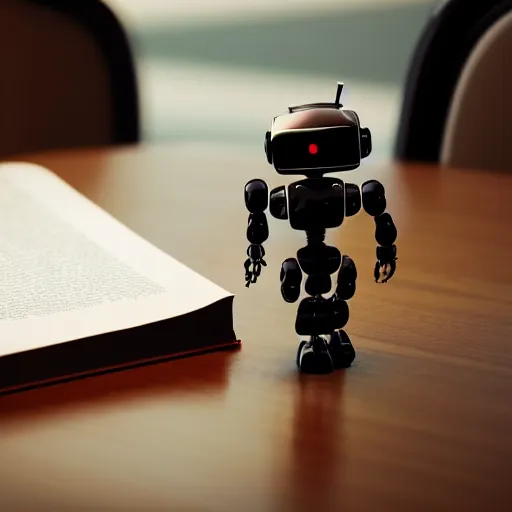 Image similar to photorealistic robot studying using a pen on a book, school chair and table, close shot, cinematic, ultra - detailed, 8 k,