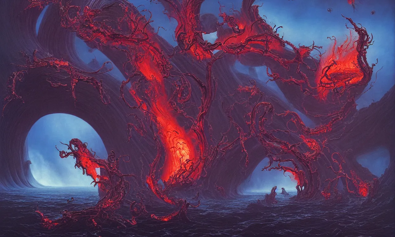 Prompt: painting by wayne barlowe. the swirling portal in the ocean erupts violently with fire and brimstone with hellacious abominations flying out of the portal in droves. photorealistic. intricate details. 3 5 mm photograph. dramatic lighting. action shot. absolute focus. masterpiece.