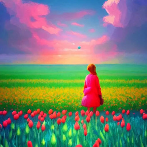 Image similar to girl with singular giant tulip as a head, surreal photography, flower field, sunset dramatic light, impressionist painting, colorful clouds, blue sky, digital painting, artstation, simon stalenhag