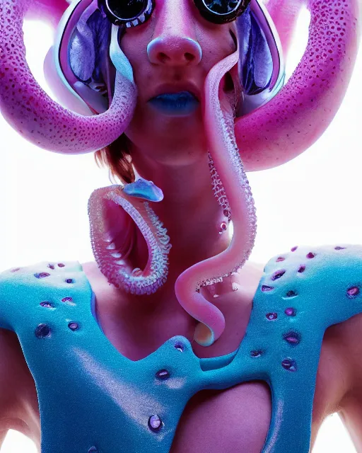 Image similar to natural light, soft focus portrait of a cyberpunk anthropomorphic squid with soft synthetic pink skin, blue bioluminescent plastics, smooth shiny metal, elaborate ornate head piece, piercings, skin textures, by annie leibovitz, paul lehr