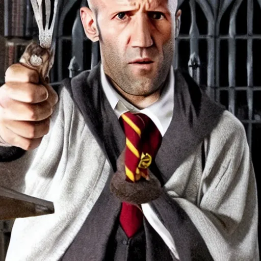 Image similar to jason statham as harry potter in hogwarts