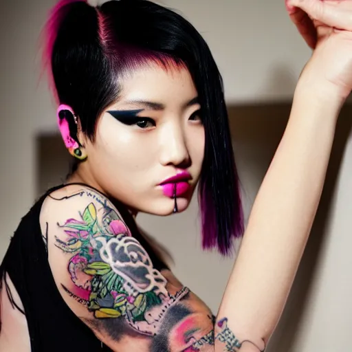 Image similar to punk tattooed asian supermodel with pink hair and a beautiful face with long eyelashes