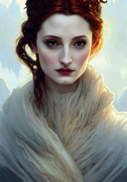 Prompt: sansa angeline jolie gessica chastain cold frozen snow ice winter, intricate, elegant, highly detailed, digital painting, artstation, concept art, smooth, sharp focus, illustration, art by artgerm and greg rutkowski and alphonse mucha and william - adolphe bouguereau