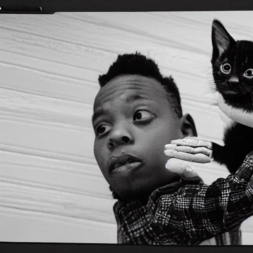 Prompt: 1 5 mm wide - angle lens photo of a rapper in 1 9 9 0 newyork holding a kitten up to the camera black and white, photorealistic, trending on art station