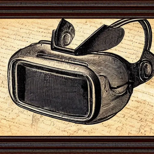 Image similar to Vintage, detailed, sketch of Oculus Rift, with full descriptions, on parchment, as depicted in Leonardo da Vinci's Codex Atlanticus