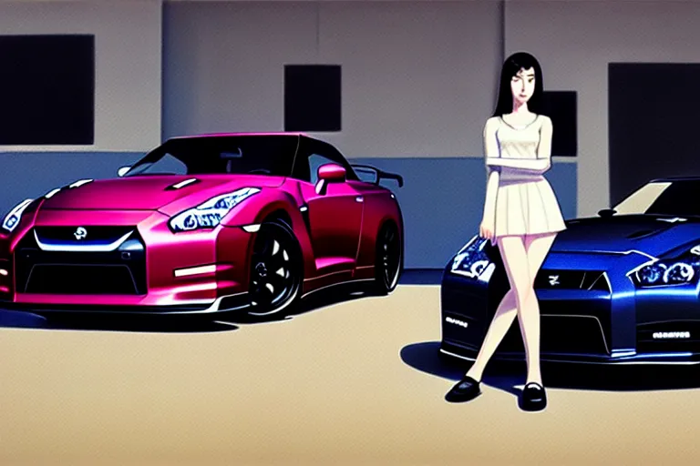 Image similar to A ultradetailed beautiful panting of a stylish girl standing in front of a Nissan GTR, Oil painting, by Ilya Kuvshinov, Greg Rutkowski and Makoto Shinkai