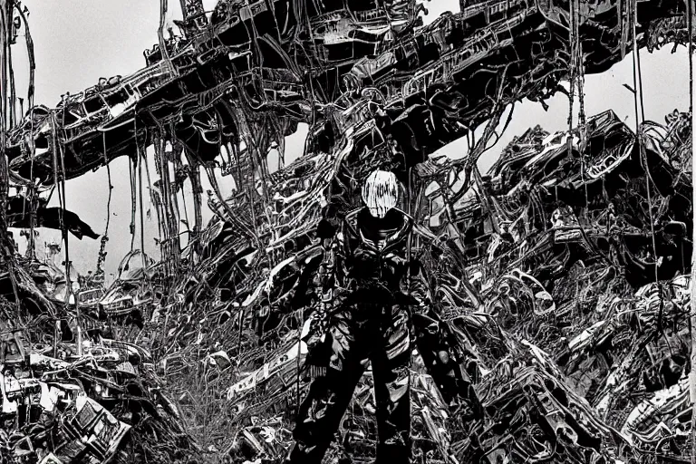 Prompt: no man's land, remnants of the human civilization, post-apocalyspe, a color illustration by Tsutomu Nihei, Tetsuo Hara and Katsuhiro Otomo