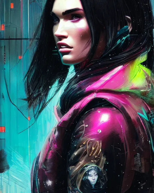 Image similar to detailed side profile portrait Neon Megan Fox, cyberpunk futuristic neon, reflective puffy coat, decorated with traditional Japanese ornaments by Ismail inceoglu dragan bibin hans thoma greg rutkowski Alexandros Pyromallis Nekro Rene Maritte Illustrated, Perfect face, fine details, realistic shaded, fine-face, pretty face