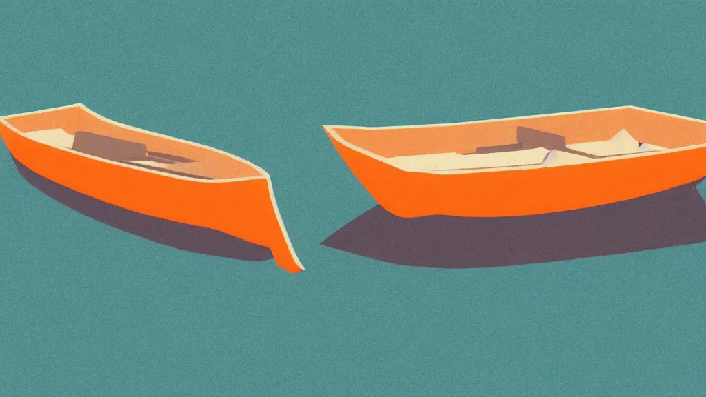 Image similar to a pale orange boat floating on top of a body of water, a vintage poster screenprint by Tom Whalen, behance contest winner, australian tonalism, pale gradients design, matte drawing, outrun, low poly