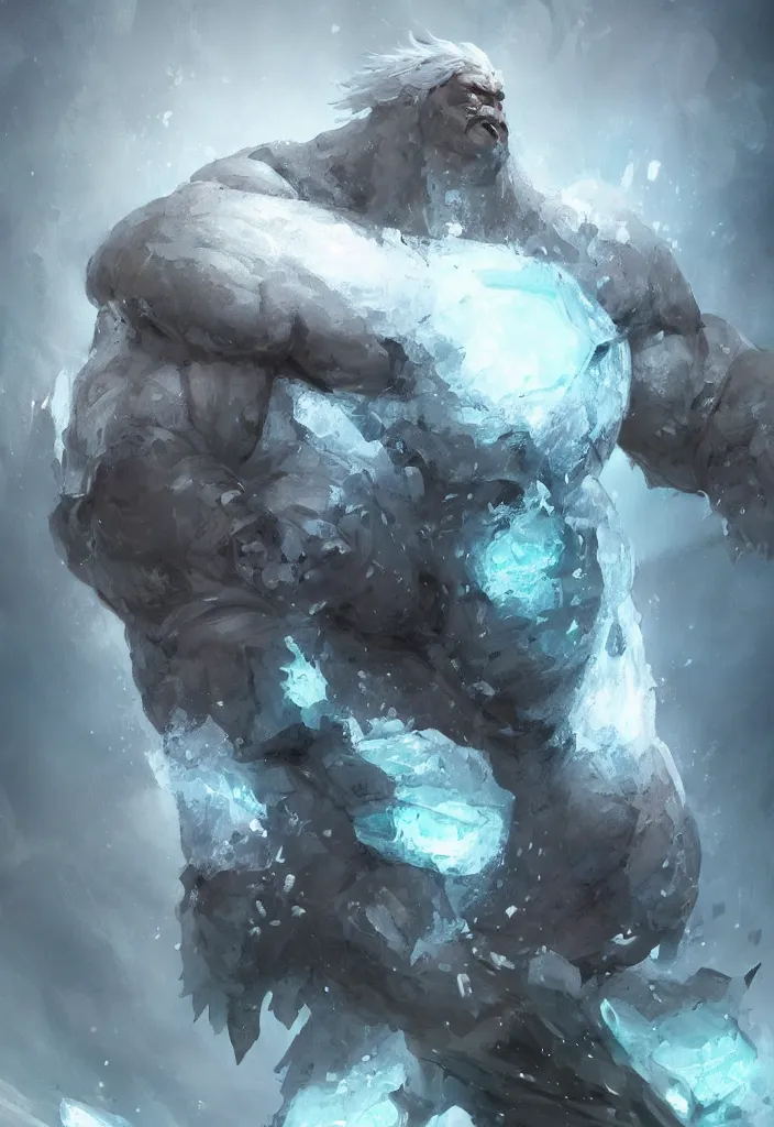 Image similar to a muscular ice giant made of ice and crystal from dungeon and dragons character, ice armor, concept art in style of Greg Rutkowski, ultracrisp, John Singer Sargant, painted by Frazetta, trending on artstation!!