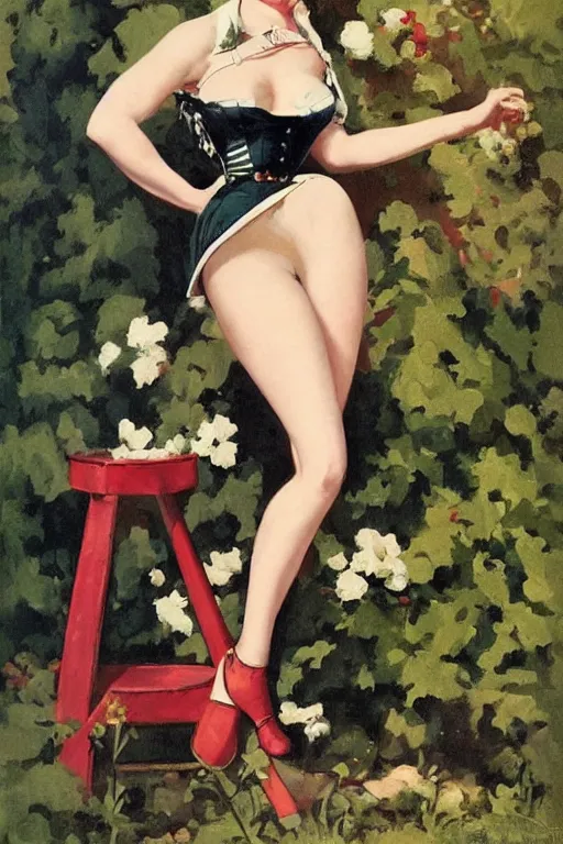 Image similar to a portrait one full body pin up post war dressing a military unioform,garden backgound Gil Elvgren style,center composition,anatomic correct