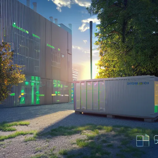 Image similar to photo of glowing sci fi container powering a modern peaceful hospital in a pleasant urban setting with trees, day - time, sun overhead, award - winning, high res, 4 k, artstation