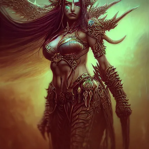 Prompt: a highly detailed Long shot photo of chthonic warcraft Tyrande Whisperwind female character by Ayami Kojima, Beksinski, Giger,intricate, digital painting, artstation, intricate, concept art, smooth, sharp focus, illustration