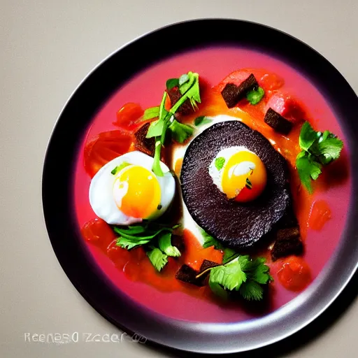 Image similar to black pudding ceviche in leche de tigre, roasted tomatoes, fried egg, chili oil, michelin starred restaurant, award winning photography, noma, by rene redzepi, by pierre gagnaire, food photography, highly detailed, culinary plating