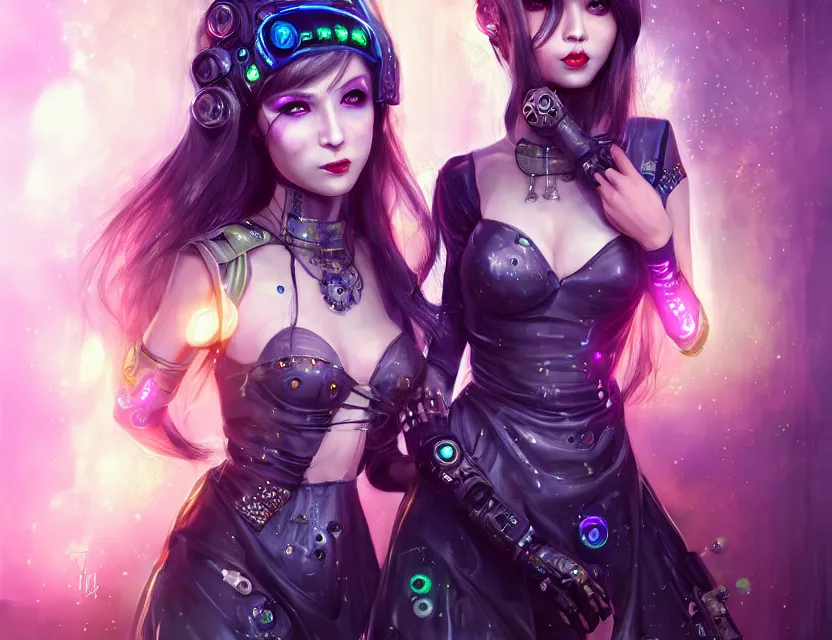 Image similar to two beautiful fashion cyberpunk girls wear fantasy dress in festival | | big eyes, sunny, dreamlike art, realistic shaded, smile, good looking, hyper details, 4 k realistic, cryengine, realistic shaded lighting poster by artgerm, ross tran, fuji choko, loish, artgerm, 8 k resolution, trending on artstation, luxury