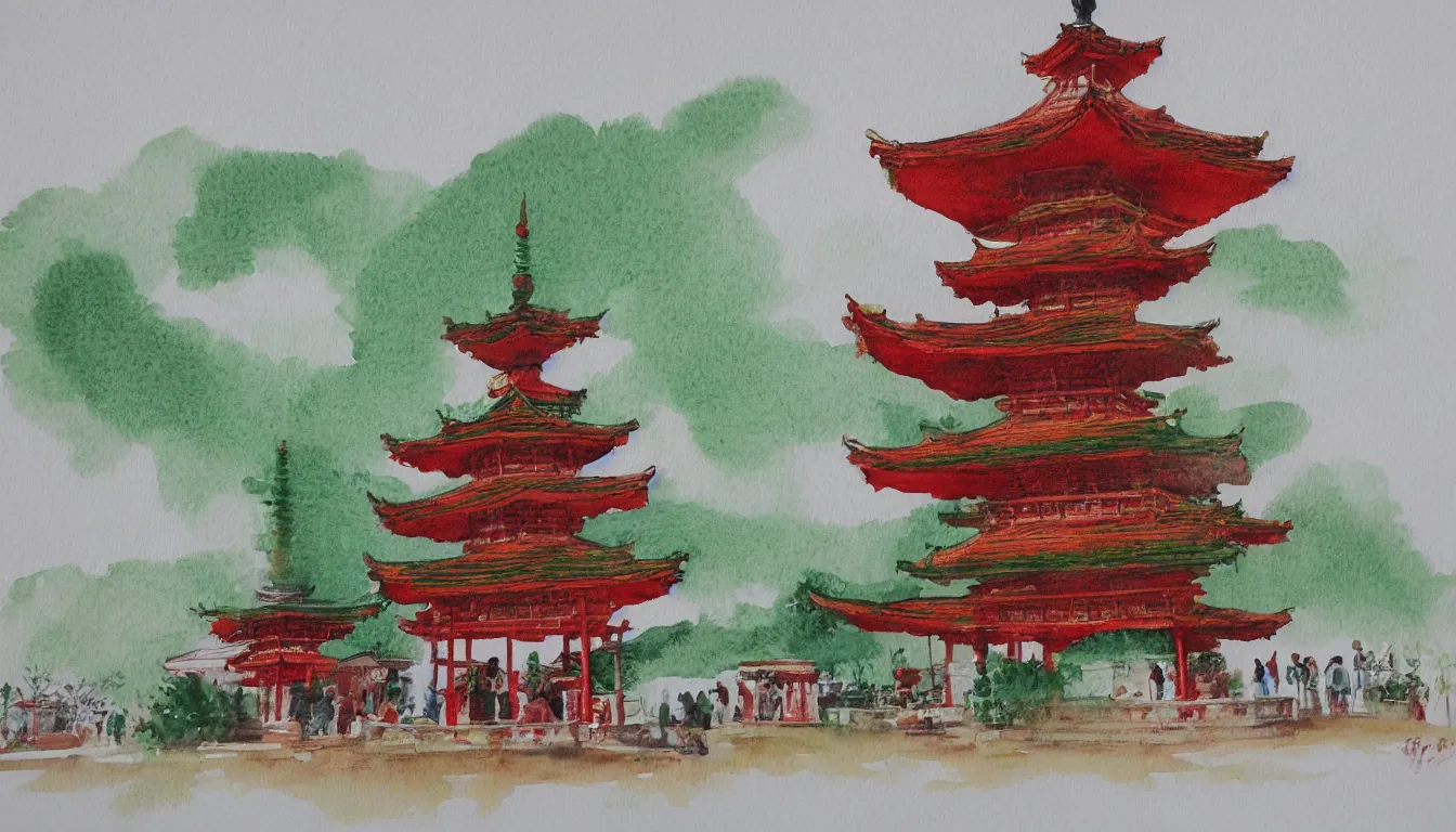 Prompt: watercolour painting of a pagoda, green and red accents, tea drinking