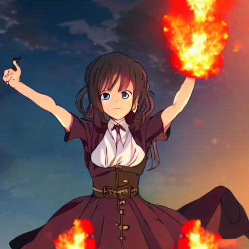 Prompt: in the style of Madhouse studio anime, girl shooting fireballs at a dragon